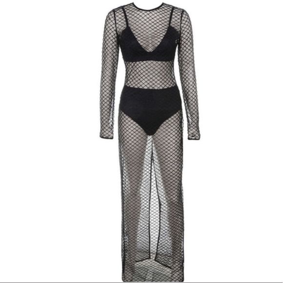 NWT House of CB Black Crystal Fishnet Maxi Dress - Picture 12 of 13